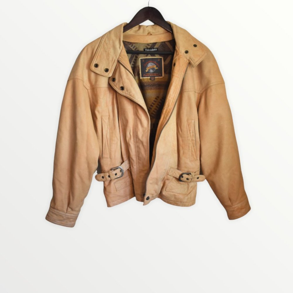 Wilsons Adventure Bound tan leather bomber jacket with Aztec print lining